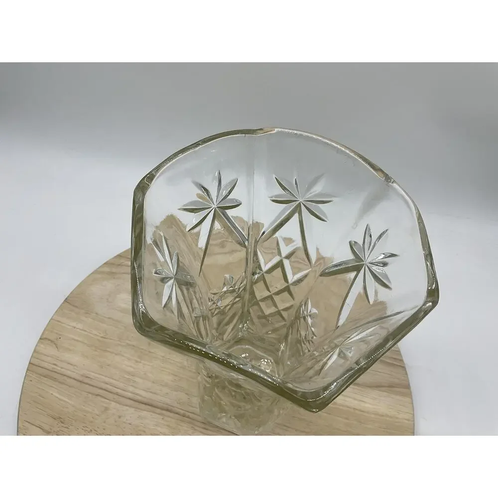 Clear Pressed Glass Flower Vase Starburst Pattern Hexagon VTG Decor Centerpiece